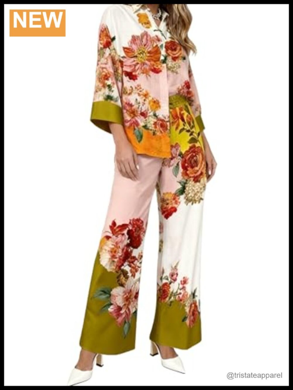 Women's 2-Piece Outfit Set Floral Button Down Shirt Wide Leg Pants Matching